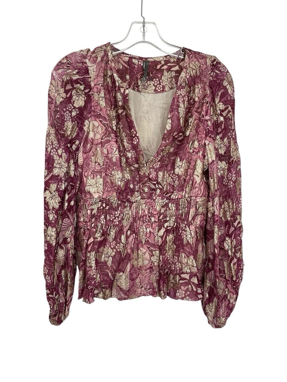 Anthropologie Somerset Chiffon Blouse Pink Gold Metallic Floral Size Small